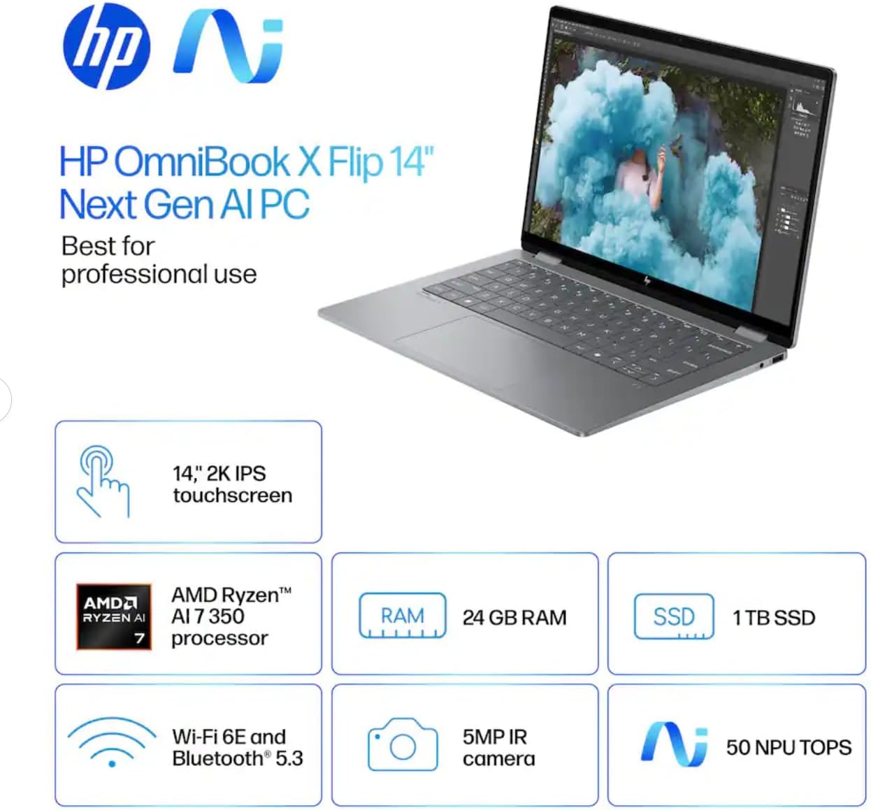 HP OmniBook X Flip 2-in-1 Laptop 14' WUXGA IPS Touchscreen 8-Core AMD Ryzen AI 7 350 24GB LPDDR5 1TB SSD AMD Radeon 860M Graphics Wi-Fi 6E Backlit Keyboard Win11 Home W/Mouse