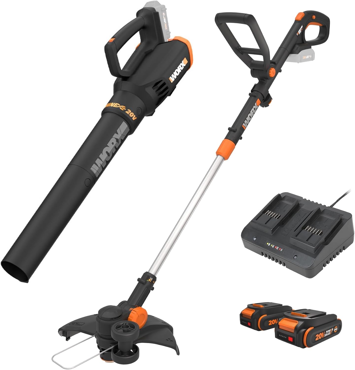 WORX 20V 12'' Cordless String Trimmer & 360 CFM Leaf Blower Combo, 2 Batteries & Charger Included, WG930.2