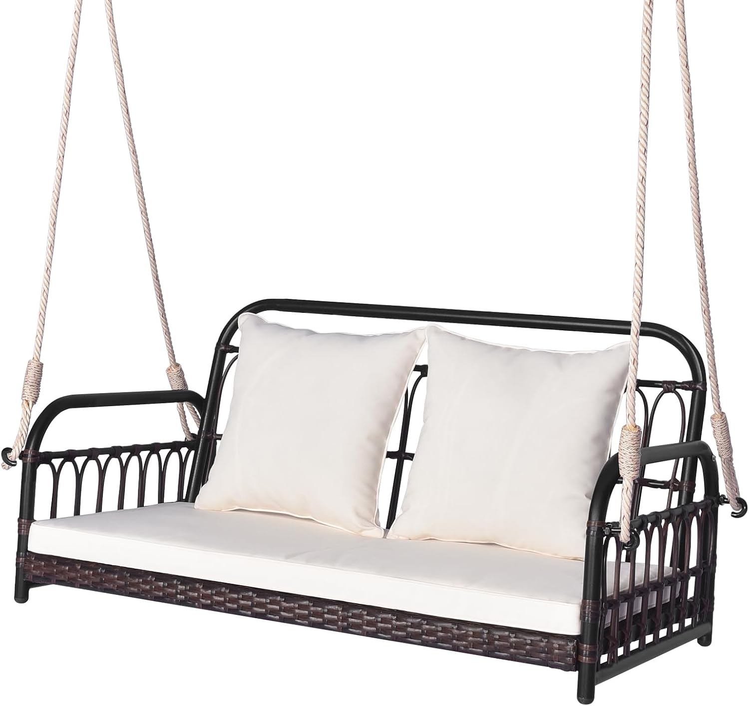 HAPPYGRILL Wicker Porch Swing, 2-Person Outdoor Patio Hanging Chair with Cushions, Metal Frame, Hanging Swing Bench with Ropes for Garden Backyard, 880 LBS Weight Capacity