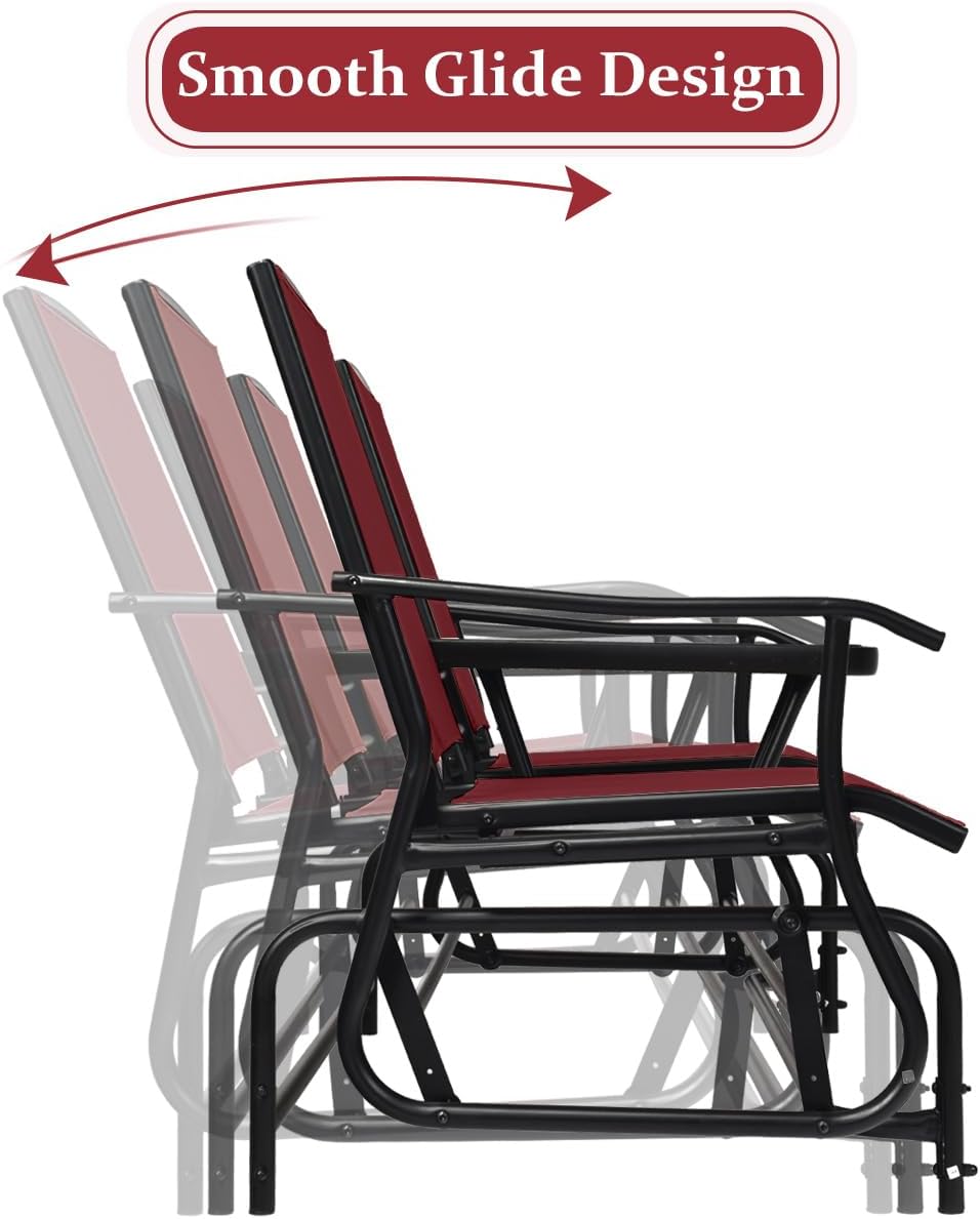 Giantex Outdoor Glider, Rocking Chair with Metal Frame, Center Tempered Glass Table, 2-Person Loveseat, Patio Glider Bench, Outside Swing Chair for Garden Yard Lawn Porch Patio Rocker (Burgundy)