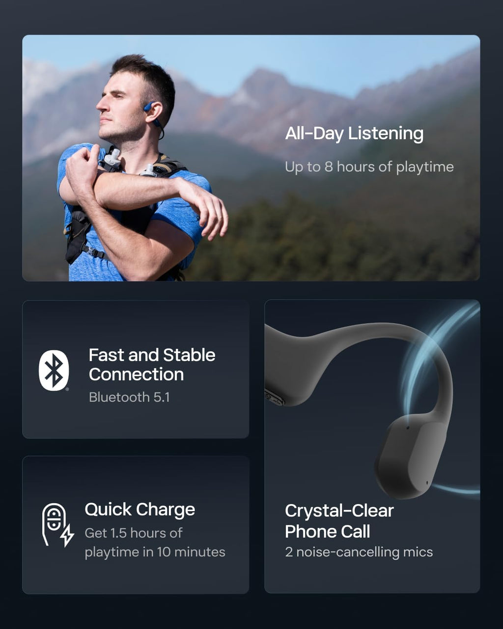 SHOKZ OpenRun, Bone Conduction Headphones,Open-Ear Bluetooth Wireless Sport Headphones for Running & Workout,Sweat Resistant, Long 8H Playtime,Mic,Hair Band-Standard-Blue (Pack of 2)
