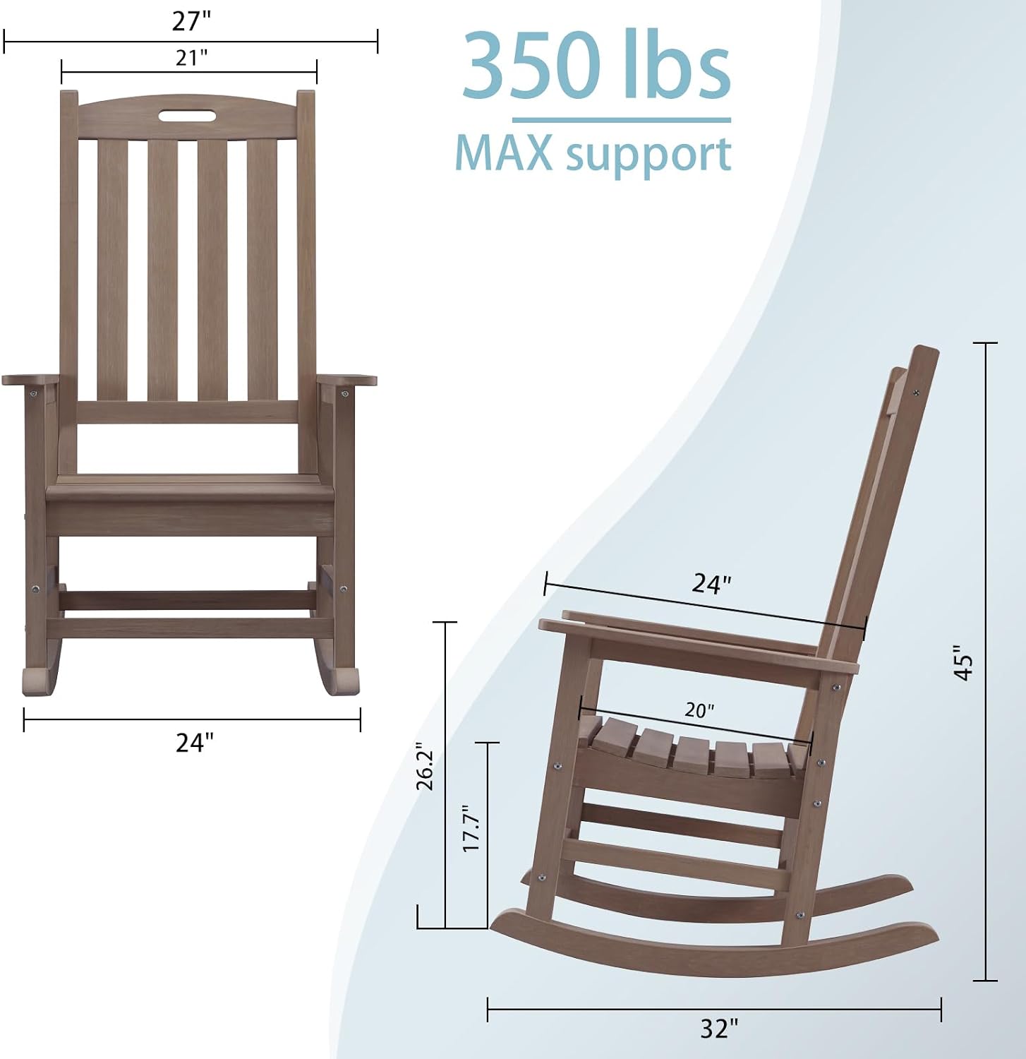 Psilvam Oversized Outdoor Rocking Chair, HDPE Porch Rocker Chairs for Adults, All Weather Resistant Rocking Chairs for Patio Lawn Garden, 350lbs Weight Capacity (Brown)
