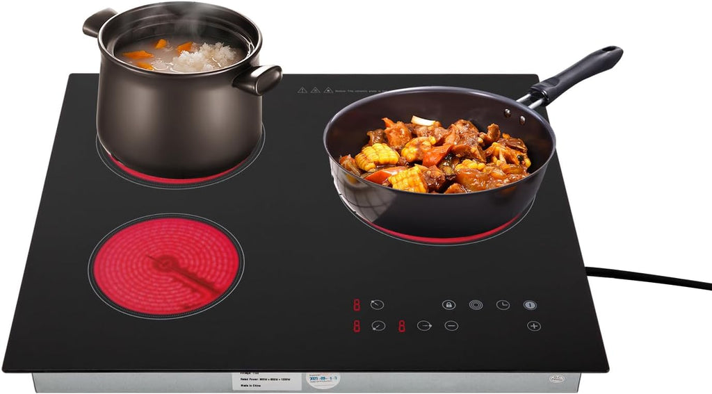 3 Burner Electric Cooktop 110v, 23 Inch Portable Stove Cooktop with LED Display, Child Safety Lock and Timer, 2600W 9 Power Level Electric Ceramic Built-in Stovetop, Hard Wire (No Plug)