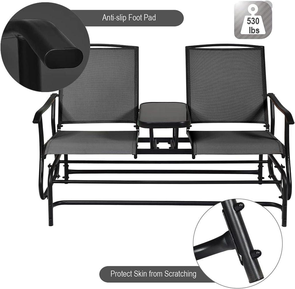Giantex Patio Bench Glider Chair with Metal Frame, Center Tempered Glass Table, Outside Double Rocking Swing Loveseat for Porch, Garden, Poolside, Balcony, Lawn Rocker Outdoor Glider Bench(Black)