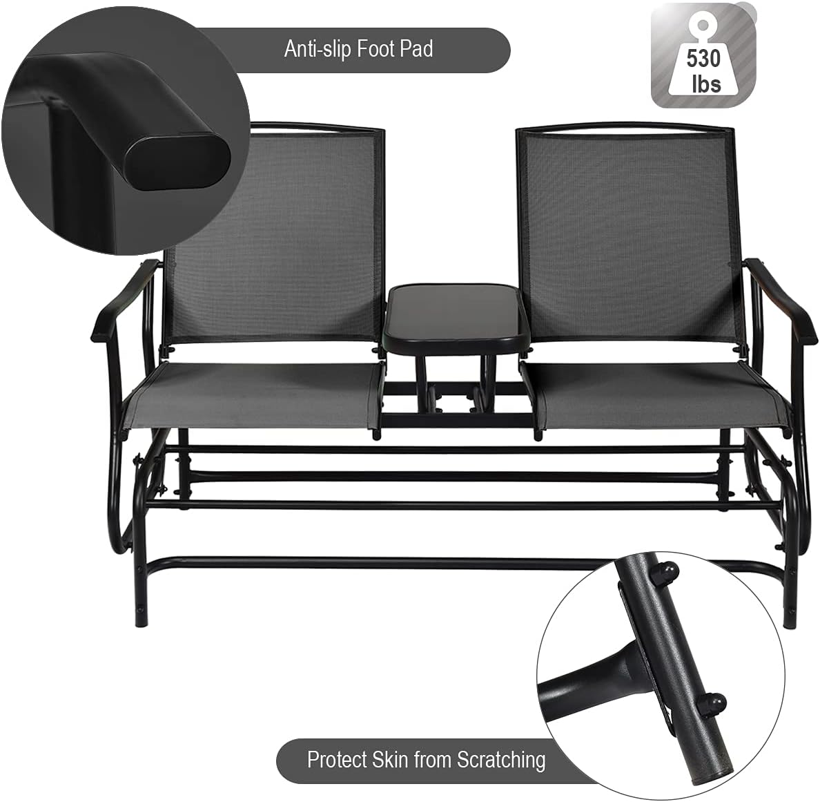 Giantex Patio Bench Glider Chair with Metal Frame, Center Tempered Glass Table, Outside Double Rocking Swing Loveseat for Porch, Garden, Poolside, Balcony, Lawn Rocker Outdoor Glider Bench(Black)