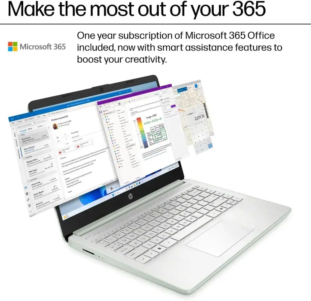 HP Ultra Thin 14' Laptop with Copilot, Intel N150, 16GB RAM, 384GB(128GB eMMC+256GB SD Card) • HUB • Mouse, Windows 11 Pro, 1-Year Office 365, Lightweight Green Notebook for Work & School