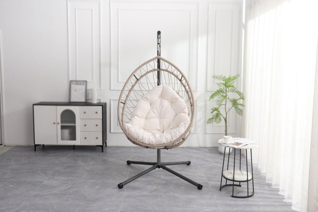 Outdoor Hanging Chair ，Swing Chair, Rocking Chair, Fabric，Metal Frame，Ergonomical ，with Stand, Patio， Indoor Outdoor ， Porch, Garden, Balcony