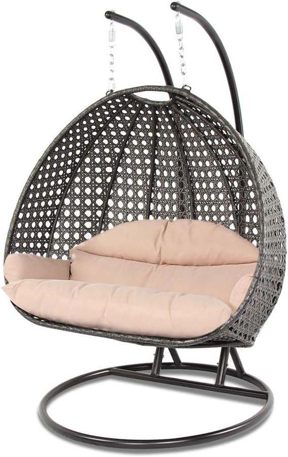 Luxury Comfort 2 Person Outdoor, Patio, Hanging Wicker Swing Chair (X Large, Charcoal Wicker w/Latte Cushion)
