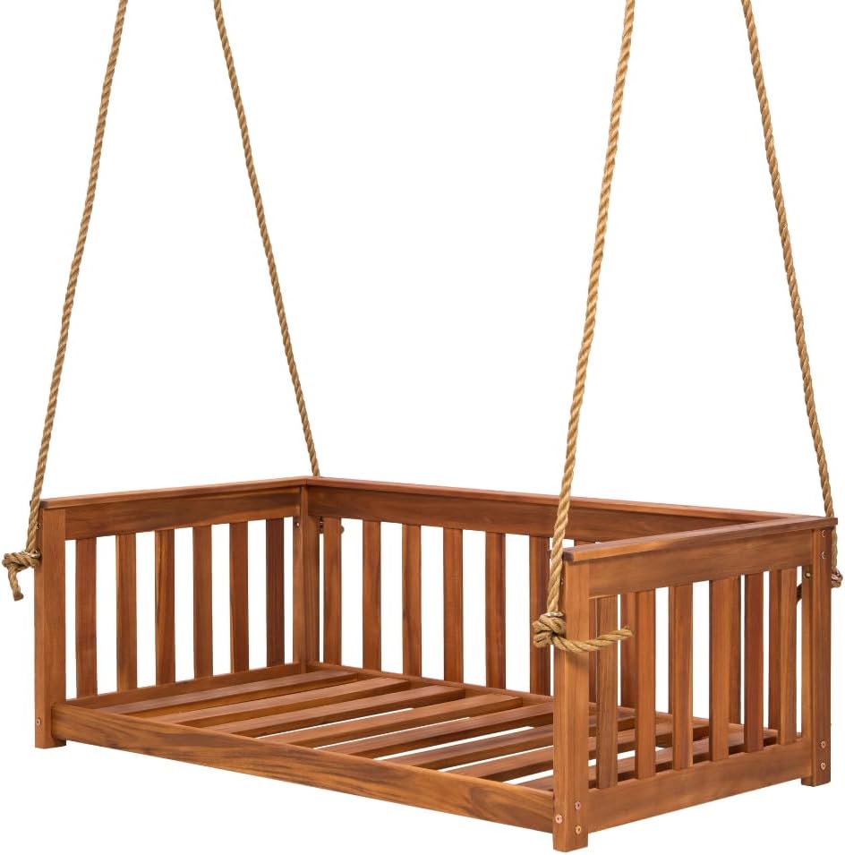 East Green Charleston Outdoor Daybed Swing with Ropes - Crib Size Porch Swing Bed Made from Acacia Wood in Natural Finish