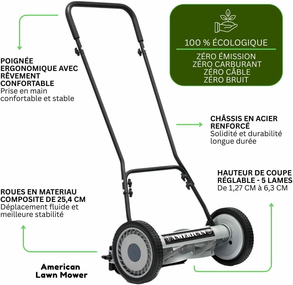American Lawn Mower Company 1815-18 18-Inch 5-Blade Push Reel Lawn Mower, 18-Inch, 5-Blade, Black