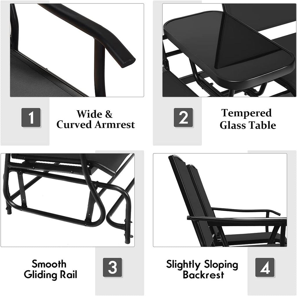Giantex Patio Bench Glider Chair with Metal Frame, Center Tempered Glass Table, Outside Double Rocking Swing Loveseat for Porch, Garden, Poolside, Balcony, Lawn Rocker Outdoor Glider Bench(Black)