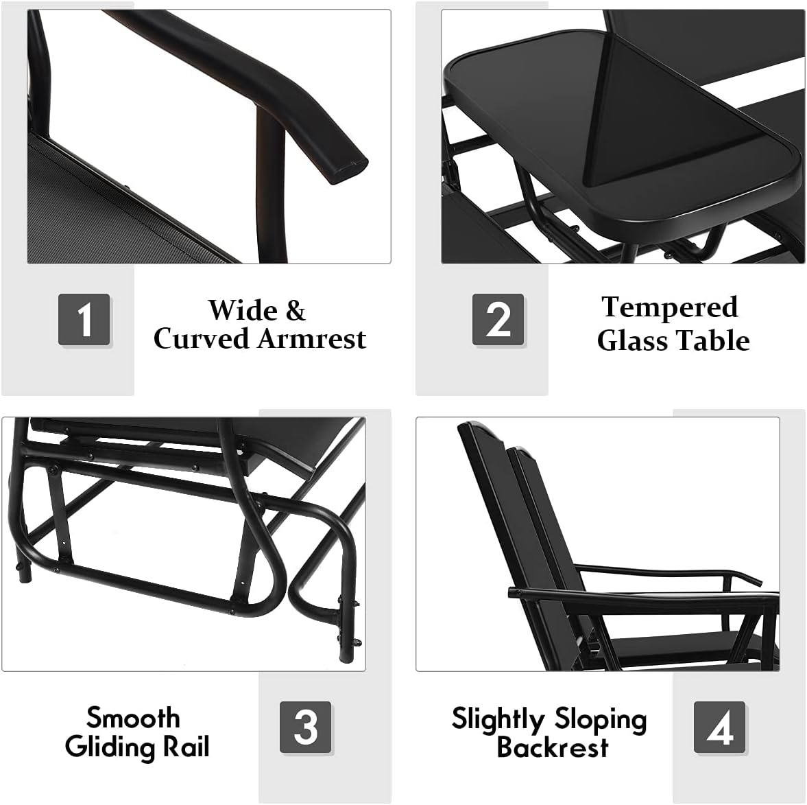 Giantex Patio Bench Glider Chair with Metal Frame, Center Tempered Glass Table, Outside Double Rocking Swing Loveseat for Porch, Garden, Poolside, Balcony, Lawn Rocker Outdoor Glider Bench(Black)