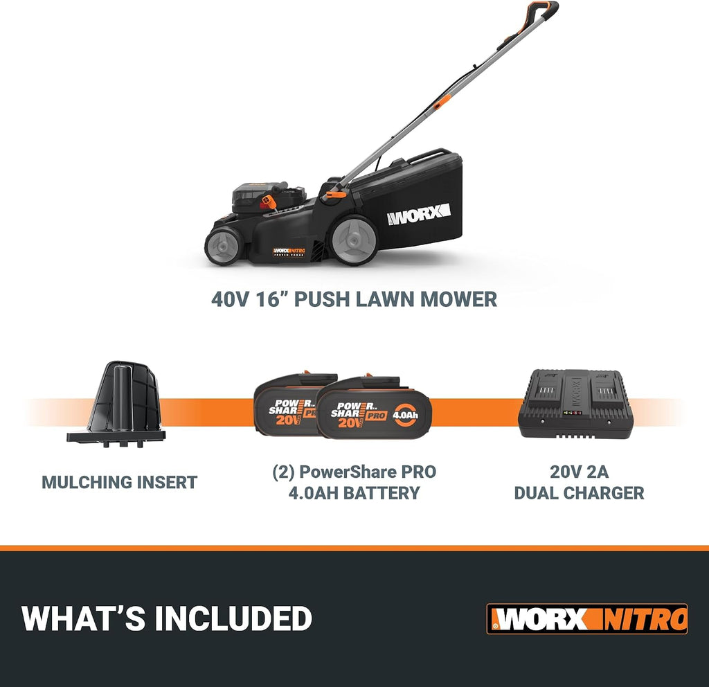 WORX Nitro 16' Cordless Lawn Mower, 2 in 1 Electric Mower with with Brushless Motor, Lightweight Push Lawn Mower for 1/4 Acre, 2 Batteries & Charger Included, WG737