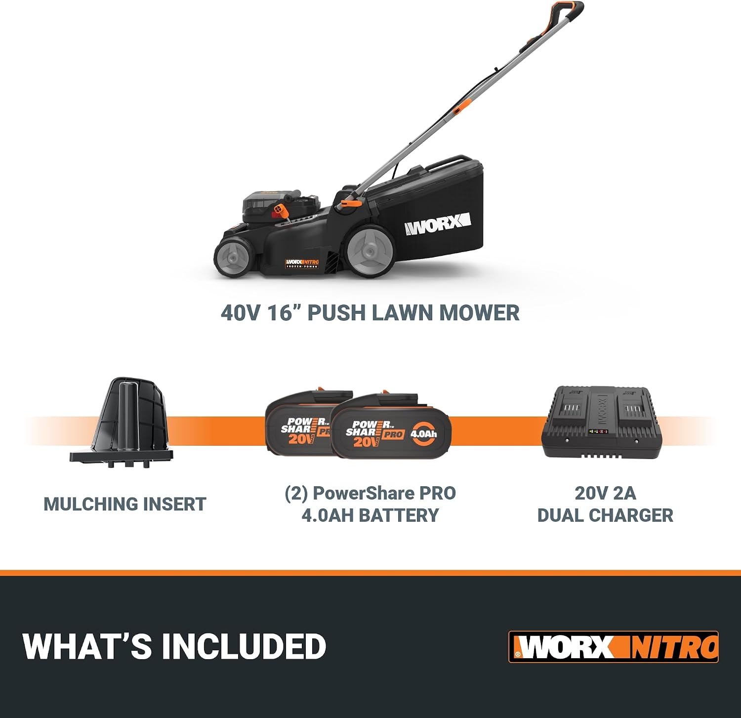 WORX Nitro 16' Cordless Lawn Mower, 2 in 1 Electric Mower with with Brushless Motor, Lightweight Push Lawn Mower for 1/4 Acre, 2 Batteries & Charger Included, WG737