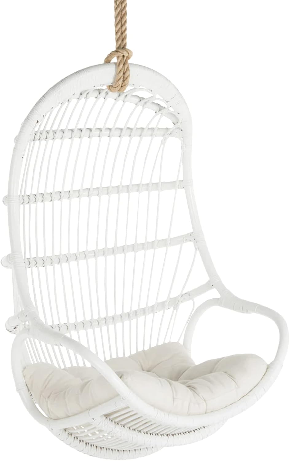 KOUBOO Hanging Rattan Swing Chair with Seat Cushion, Handwoven Natural Rattan Chair, Coastal Home Decor Furniture for Bedroom, Living Room, & Sun Room, White