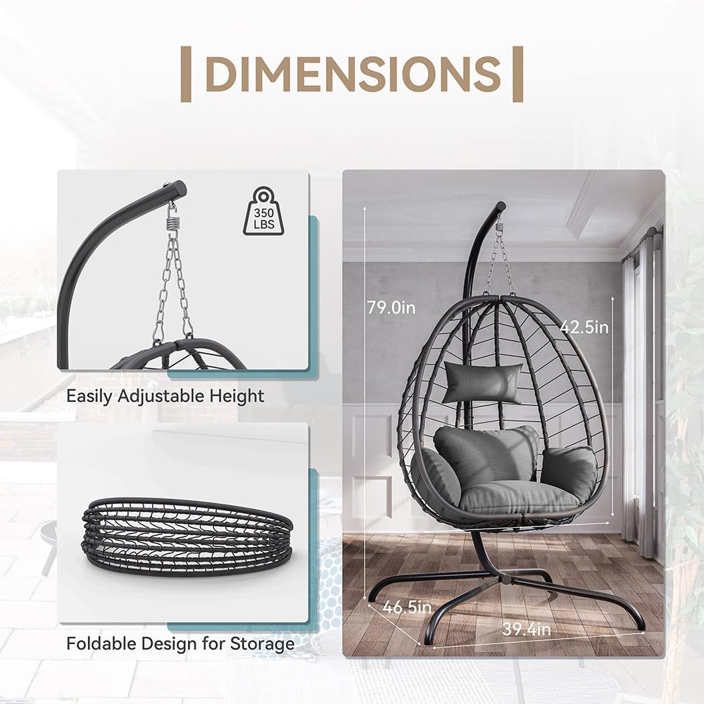 Kurapika Egg Swing Chair Indoor Outdoor Patio Wicker Rattan Hanging Egg Chair with Stand, Hammock Swing with Cushioned Headrest, 350LB Capacity for Bedroom, Balcony, Garden,Deck (Grey)