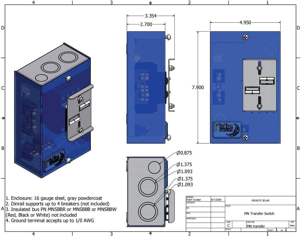 MidNite Solar MNTRANSFER Dual Transfer Switch 240VAC (MNTRANSFER-30A)