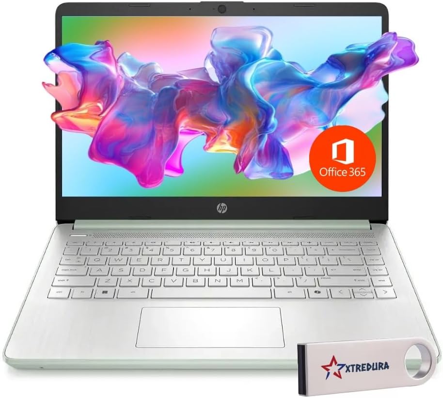 HP 14 Laptop Ultra Thin & Light, Intel N150 Quad-Core Processor, 16G RAM, 128GB SSD, HDMI, USB-C, WiFi 6, SD Card Reader, Microsoft Office 365 Included, Windows 11, Green, XtreDura Accessories