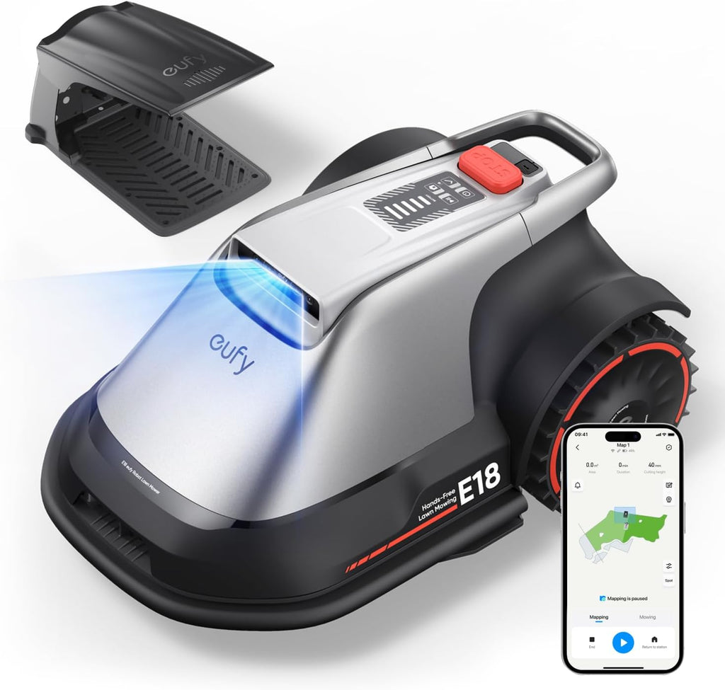 eufy E18 Robot Lawn Mower, Max 0.3 Acres, Vision Navigation, Hands-Free Auto Mapping, Wire Free RTK Free, Multi-Zone Management, AI Obstacle Avoidance, APP Control, 18° Slope, Cut Height 1'-3'