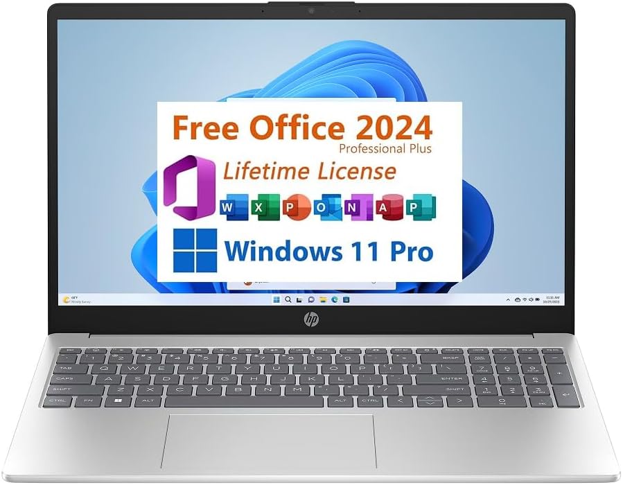 HP 15.6 inch FHD IPS Windows Laptop AMD Ryzen 5 7520U, 8GB LPDDR5 RAM, 512GB PCIe NVMe M.2 SSD Natural Silver, Windows 11 Pro, Free Lifetime Microsoft Office 2024 (Ryzen 5-7520U)