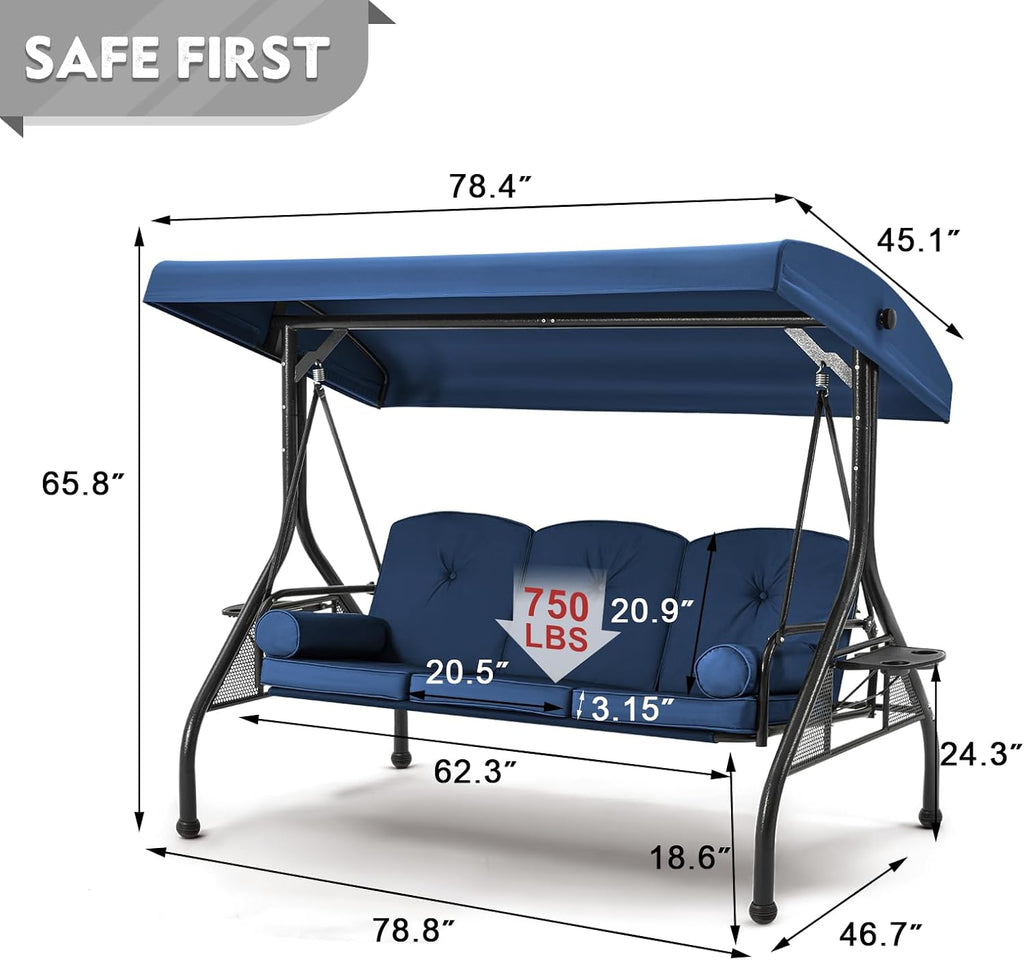 HOMREST 3 Seat Outdoor Porch Swing with Adjustable Canopy, Convertible Patio Swing Bed with Stand, Patio Glider Swing with Upgraded Cup Holder, Thicken Cushions ＆ Pillow for Backyard(Blue)