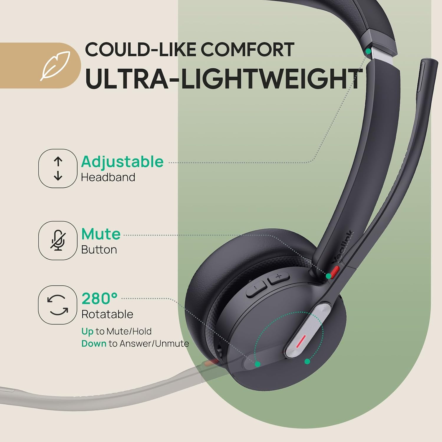 Yealink BH70 Dual UC Wireless Headset with Mic for Work, Bluetooth Headphone Teams&UC Compatible, up to 35h Talk Time, 147g All-Day Wearing Comfort, Perfect for Open Office Home Hybrid Work, USB-C/A