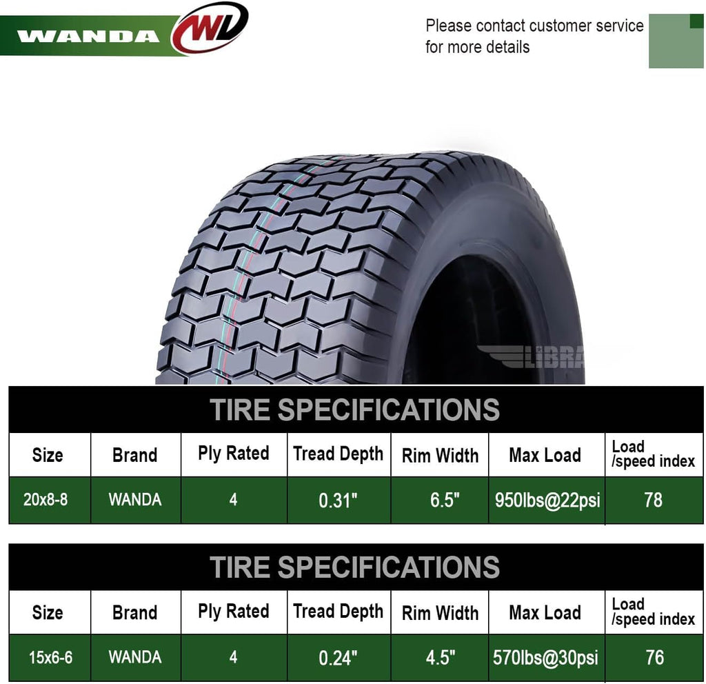 WANDA Set 4 Lawn Mower Turf Tires 15x6-6 Front & 20x8-8 Rear /4PR