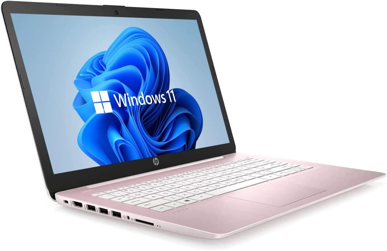 HP 14' HD Laptop, Windows 11, Intel Celeron Dual-Core Processor Up to 2.60GHz, 4GB RAM, 64GB SSD, Webcam, Dale Pink (Renewed)