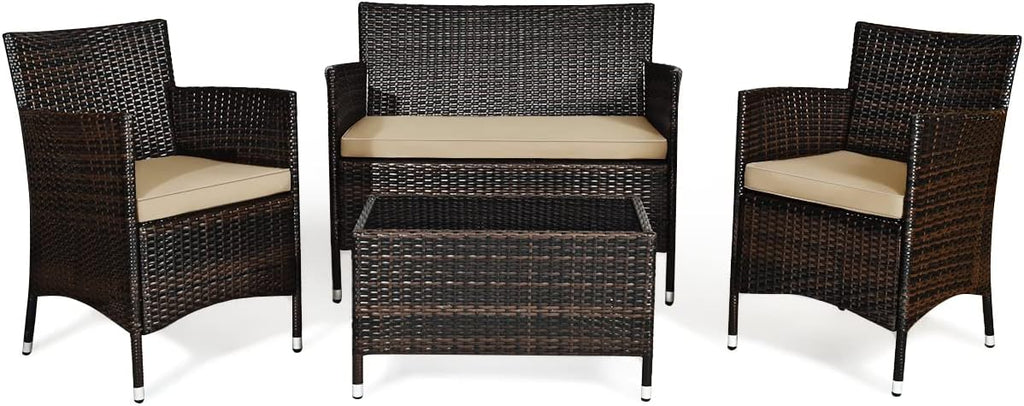 Goplus 4-Piece Rattan Patio Set, Outdoor/Indoor Wicker Conversation Set for Pool, Backyard, Lawn, Wicker Chairs and Sofa with Soft Cushion, Rattan Furniture with Tempered Glass Coffee Table