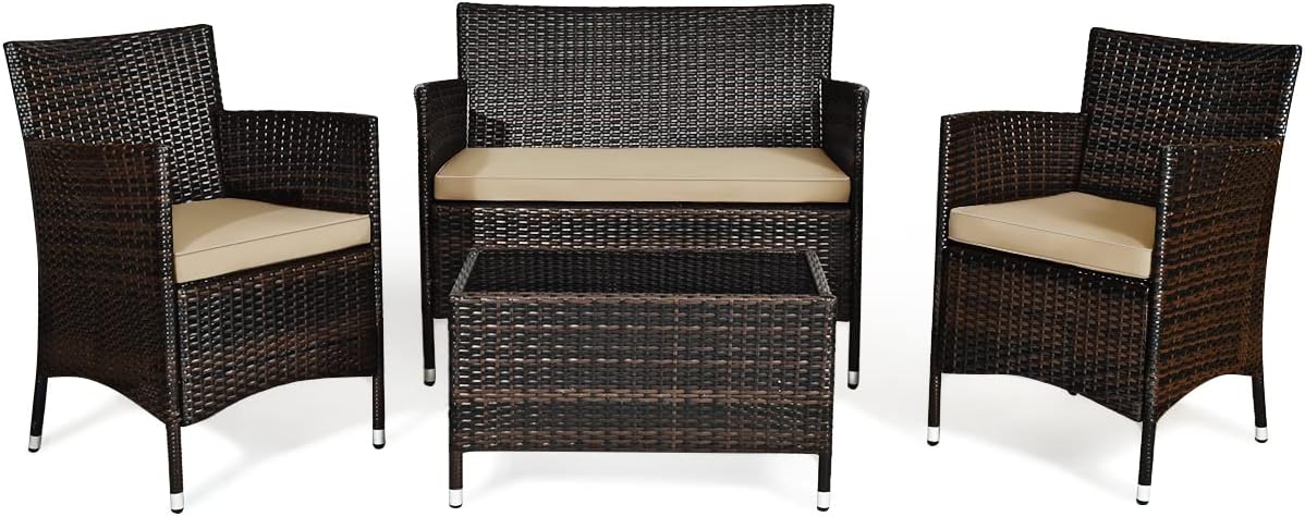 Goplus 4-Piece Rattan Patio Set, Outdoor/Indoor Wicker Conversation Set for Pool, Backyard, Lawn, Wicker Chairs and Sofa with Soft Cushion, Rattan Furniture with Tempered Glass Coffee Table