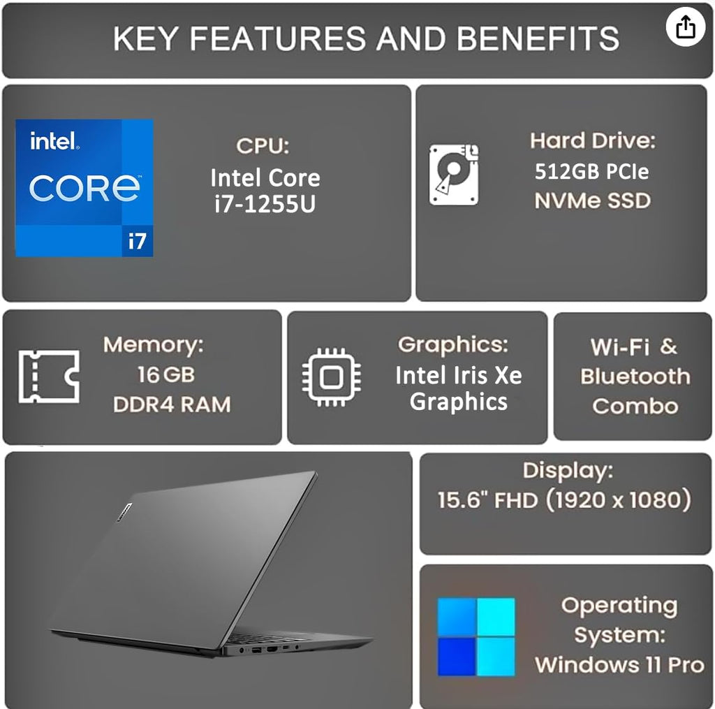 Lenovo Laptop V15 for Business, Home, Student (15.6' FHD Anti-Glare, Intel i7-1255U, 16GB RAM, 512GB SSD), Numeric Keypad, Webcam w/Shutter, Type-C, RJ-45, Wi-Fi, Win 11 Pro w/AI Copilot, Grey