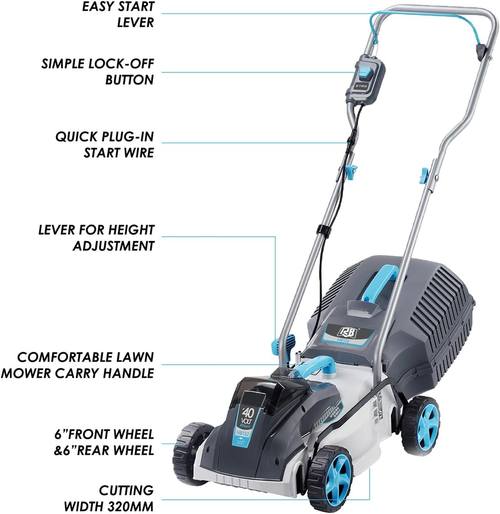 RB 40V 13-Inch Brushless Cordless Lawn Mower with 4.0Ah Lithium Battery & Fast Charger, 2-in-1 Lightweight Mower for Small Yards, Foldable Handle, 5 Cutting Height Adjustments