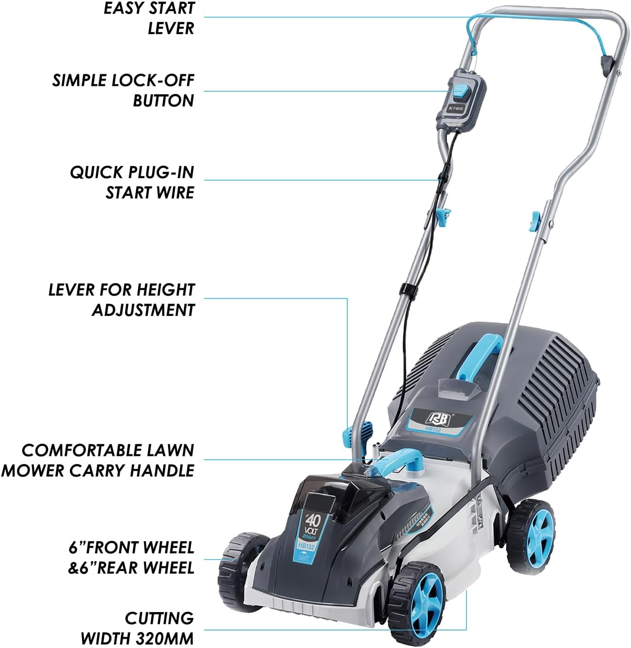 RB 40V 13-Inch Brushless Cordless Lawn Mower with 4.0Ah Lithium Battery & Fast Charger, 2-in-1 Lightweight Mower for Small Yards, Foldable Handle, 5 Cutting Height Adjustments