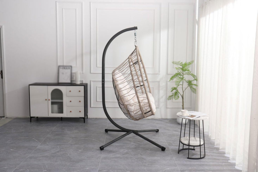 Outdoor Hanging Chair ，Swing Chair, Rocking Chair, Fabric，Metal Frame，Ergonomical ，with Stand, Patio， Indoor Outdoor ， Porch, Garden, Balcony