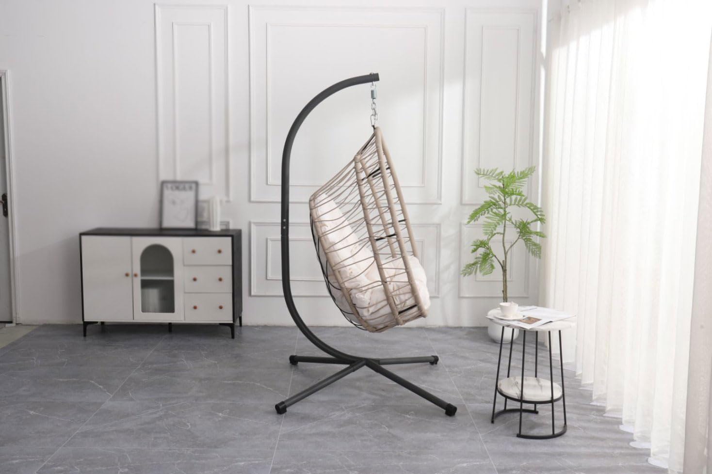 Outdoor Hanging Chair ，Swing Chair, Rocking Chair, Fabric，Metal Frame，Ergonomical ，with Stand, Patio， Indoor Outdoor ， Porch, Garden, Balcony