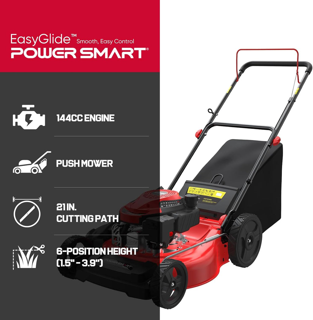 PowerSmart EasyGlide 21-Inch Gas Lawn Mower, 144cc 4-Stroke OHV Engine, Push Walk-Behind, 3-in-1 Mulch/Bag/Side Discharge, Steel Deck, 6 Height Adjustment