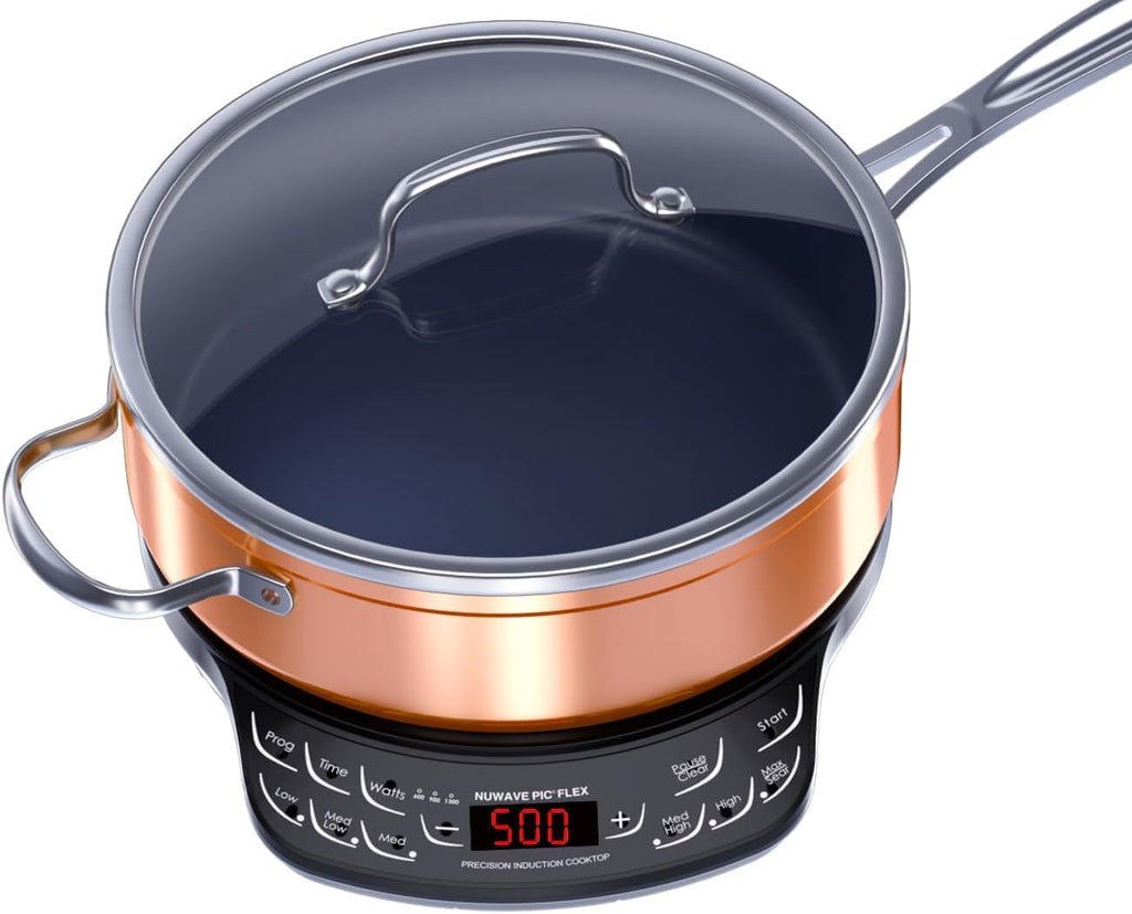 Nuwave Flex Precision Induction Cooktop, 10.25' Shatter-Proof Ceramic Glass, 6.5' Heating Coil, 45 Temps 100°F to 500°F, 4Qt Induction-Ready Healthy Ceramic Non-Stick Everyday Pan with Lid Included