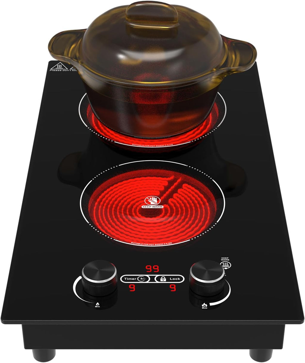 2 Burner Electric Cooktop, 12 Inch Built-in Ceramic Cooktop, 2100W Plug in Electric Stove Top with Knob Control, Keep Warm, 9 Heating Levels, Timer & Child Safety Lock, Over-Temperature Protection