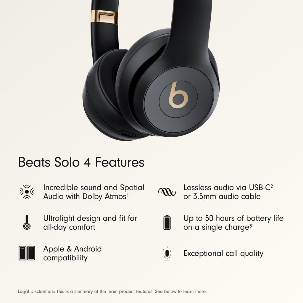 Beats Solo 4 - Wireless On-Ear Bluetooth Headphones, Up to 50-Hour Battery Life, Ultra-Lightweight Comfort, Powerful and Balanced Sound, Apple & Android Compatible - Black & Gold