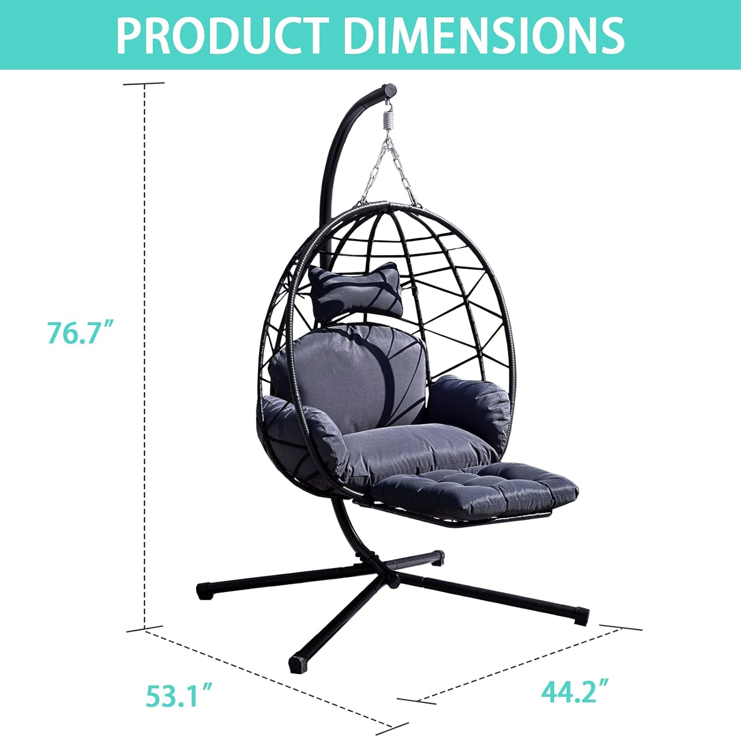 Hanging Egg Chair with Leg Rest, Indoor/Outdoor Swing Egg Chair Hammock Basket Seat Chair with Cushion for Porch Balcony Garden Patio (Ribbon+Rattan, Black+Dark Grey)