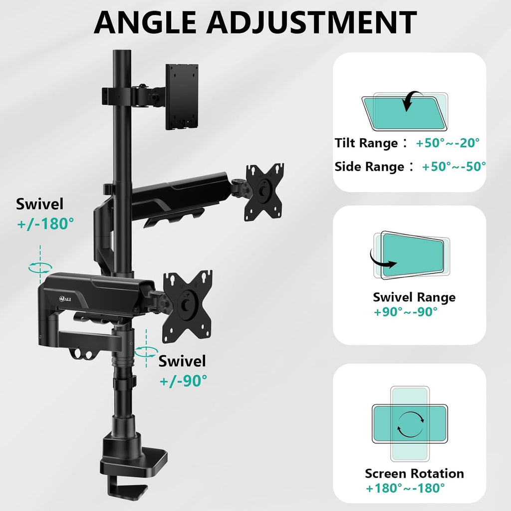 WALI Triple Monitor Mount - Extra Tall 3 Monitor Desk Mount for 13-49 Inch Ultrawide Screens, Up to 44 lbs, Fully Adjustable Heavy Duty Monitor Arm, VESA 75/100 mm (GSDM003-P), Black