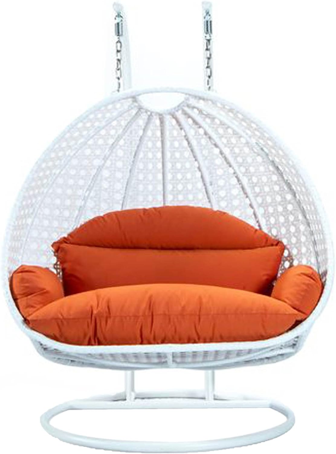 LeisureMod 2 Person Wicker Egg Chair Outdoor Indoor Bedroom Patio Hanging Lounge Swing Hammock Chairs with White Stand and UV Resistant Cushions (Orange)