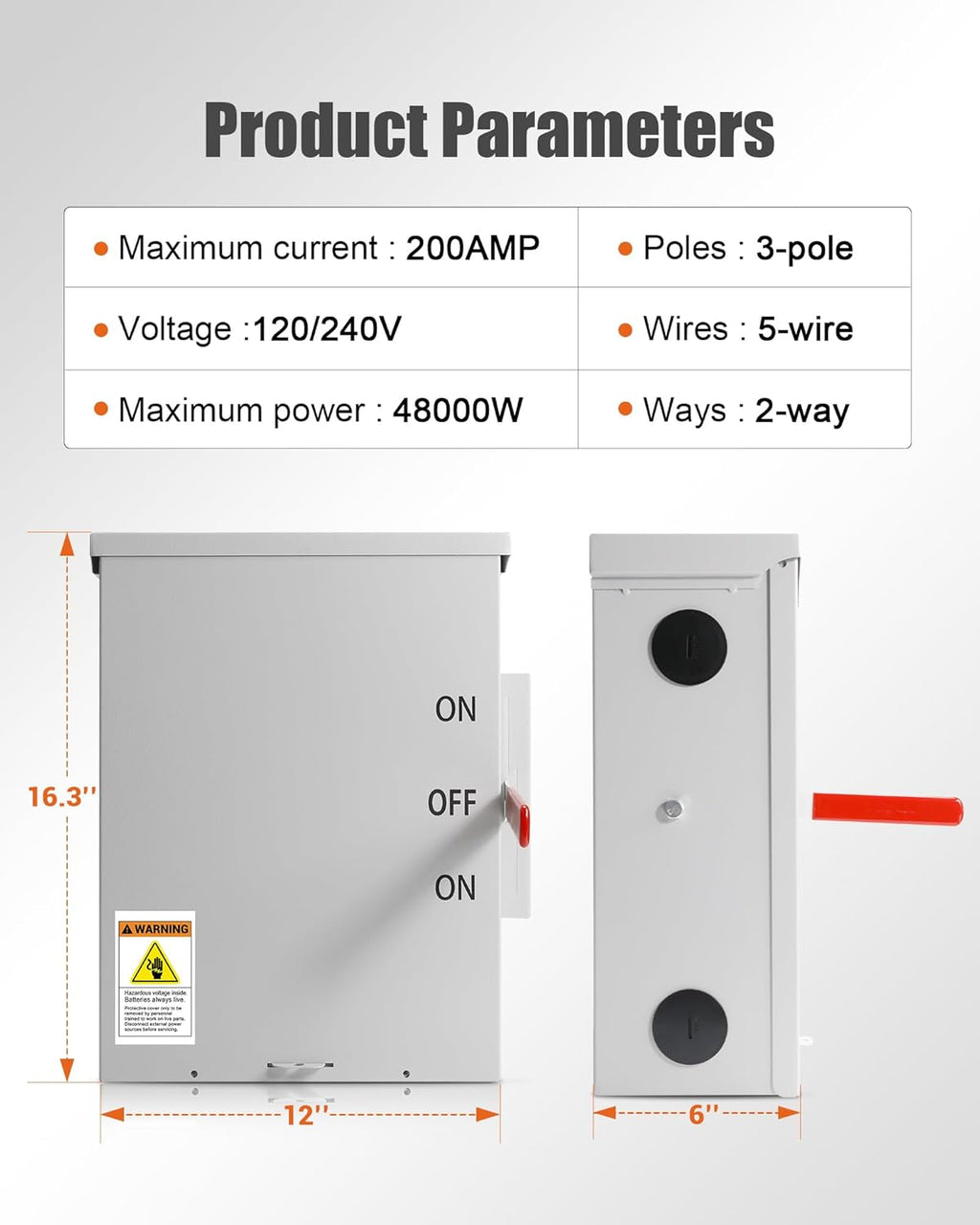 200 Amp Transfer Switch, 3P 120/240V, 48000W General-Duty Double-Throw Safety Switch, Meeting NEMA 3R Standards for Outdoor and Indoor