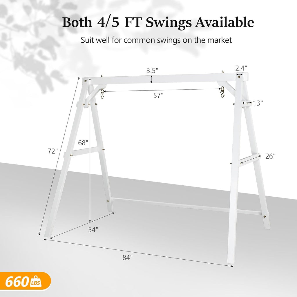 VINGLI 5 FT Outdoor Porch Swing with Frame, Heavy Duty 880 LBS Patio Hanging Swing with Stand for Backyard & Garden, White