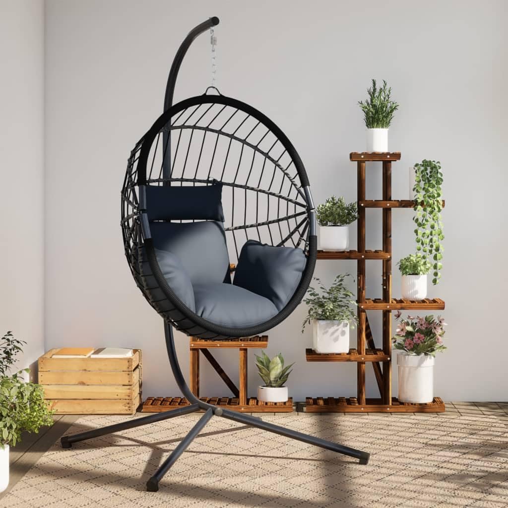 vidaXL Hanging Egg Chair with Stand - Anthracite Rattan and Steel Frame, Cushions Included - Ultimate Indoor/Outdoor Relaxing Seat, Garden, Patio, Living Room Decor, Maximum Load 330.7 lb