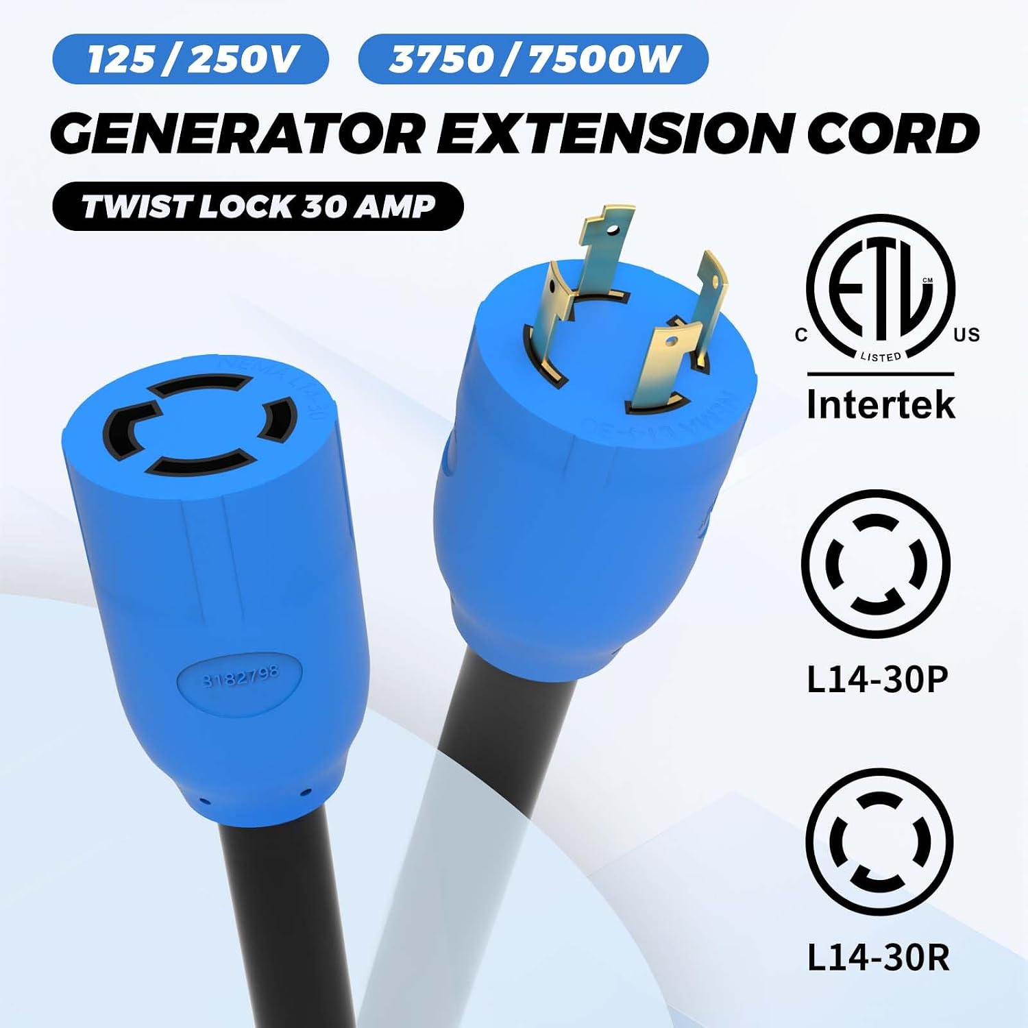 100FT 30 Amp Generator Cord, 4 Prong NEMA L14-30P/L14-30R Generator Extention Cord, Twist Lock Heavy Duty 10 Gauge Outdoor Extension Cable for RV Camper and Generator to House, ETL Listed