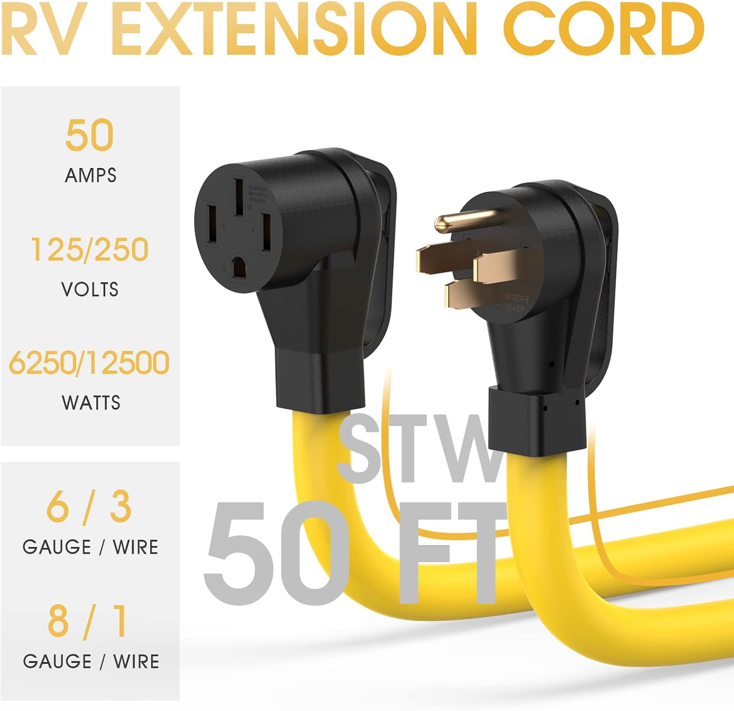 TOOLIOM 50 Amp Generator Cord, NEMA 14-50P/14-50R 50 Amp RV/EV Extension Cord, 125/250V 12500W 6/3+8/1 AWG STW, Power Extension Cord for Generator RV/EV Trailer Camper, UL Listed (50FT)
