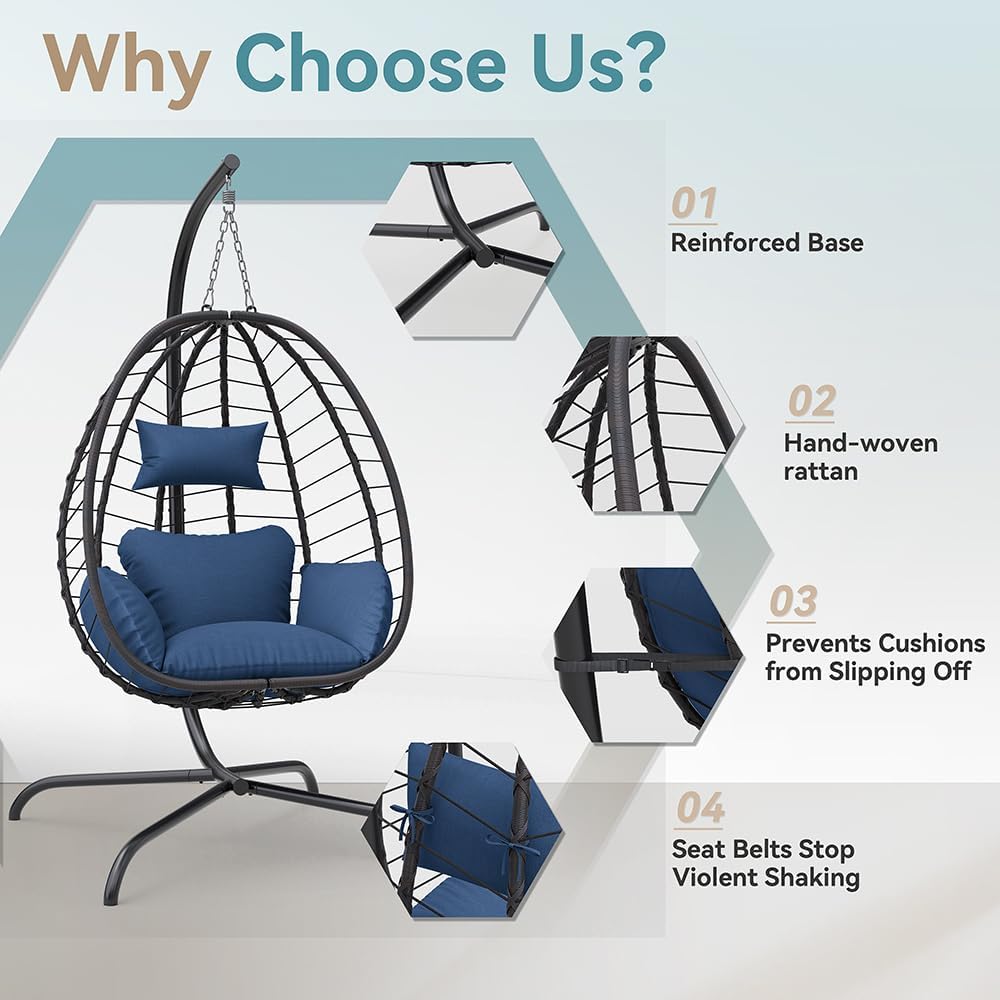Kurapika Egg Swing Chair Indoor Outdoor Patio Wicker Rattan Hanging Egg Chair with Stand, Hammock Swing with Cushioned Headrest, 350LB Capacity for Bedroom, Balcony, Garden (Navy Blue)