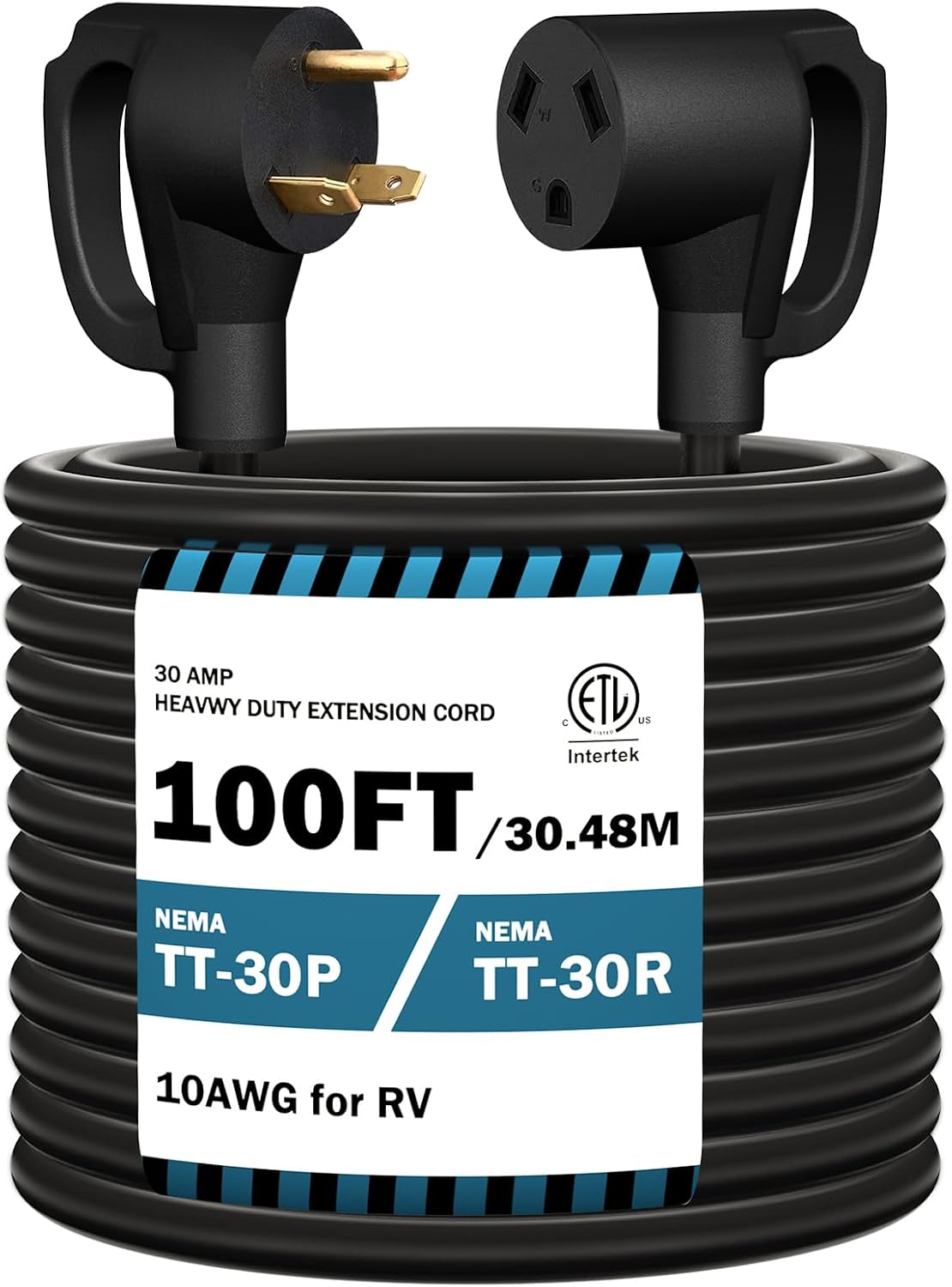 STRIGHT 100FT RV Extension Cord 30 Amp, RV Power Extension Cord NEMA TT-30P Male to TT-30R Female Heavy Duty 10 Gauge STW 3-Wire for RV Trailer Campers 125V, 3750W, ETL Listed (100FT 30AMP)