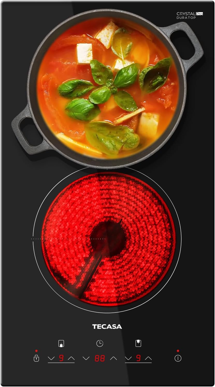 12 Inch 2 Burners Electric Cooktop, TECASA 3000W Radiant Electric Hob with 9 Power Levels, Built-in Ceramic Stove Top with Child Lock, Timer, Residual Heat Indicator, Hard Wire (No Plug)